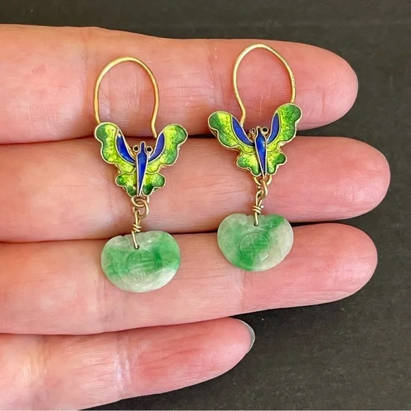 Antique Chinese export gilt silver carved jade & enamel butterfly earrings.
